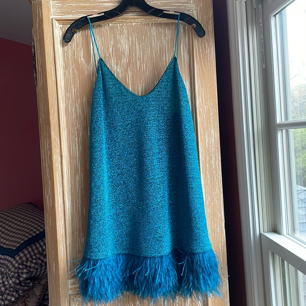 Osereee Blue Plumage Feather Trimmed Dress
